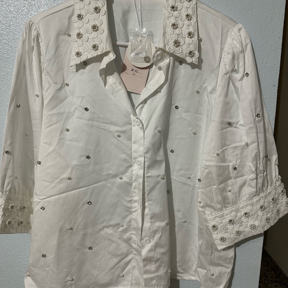 White Embellished Button-Up Shirt